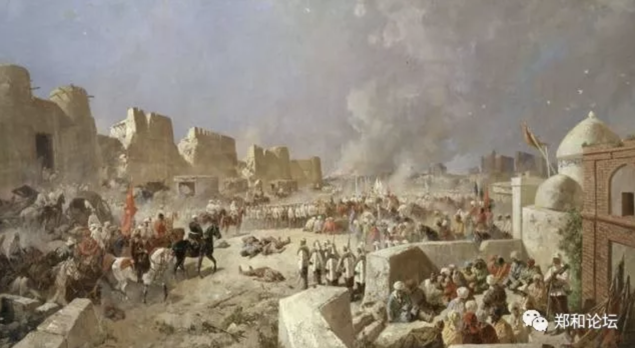 上图描述1868年俄国打败土库曼人建立的卡扎尔王朝（图片来自网络）